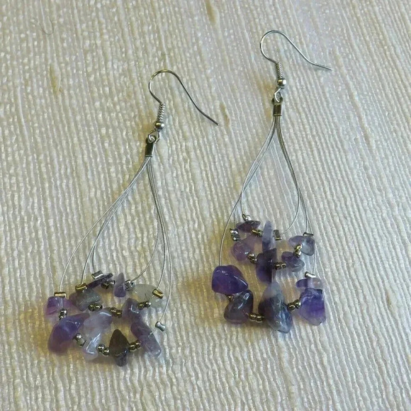 Handmade Amethyst Gemstone Beads Triple Teardrop Loop 70mm Long Earrings - Picture 1 of 1